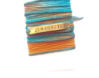 Namaste Hand Stamped Silk Wrap - Yoga Bracelet - mantra jewelry - lotus bracelet - yoga jewelry - Intention Jewelry - gift for yogi