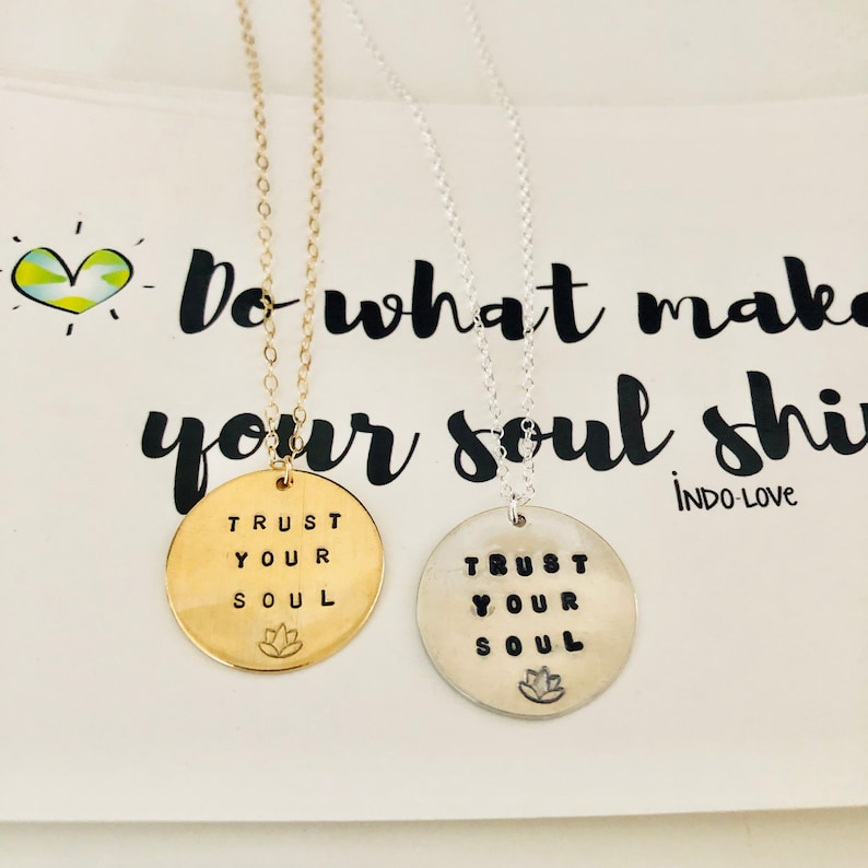 Disc Necklace Intentional Jewelry Mantra Necklace Yoga gifts Custom Coin Necklace Hand Stamped Necklace Trust the Universe