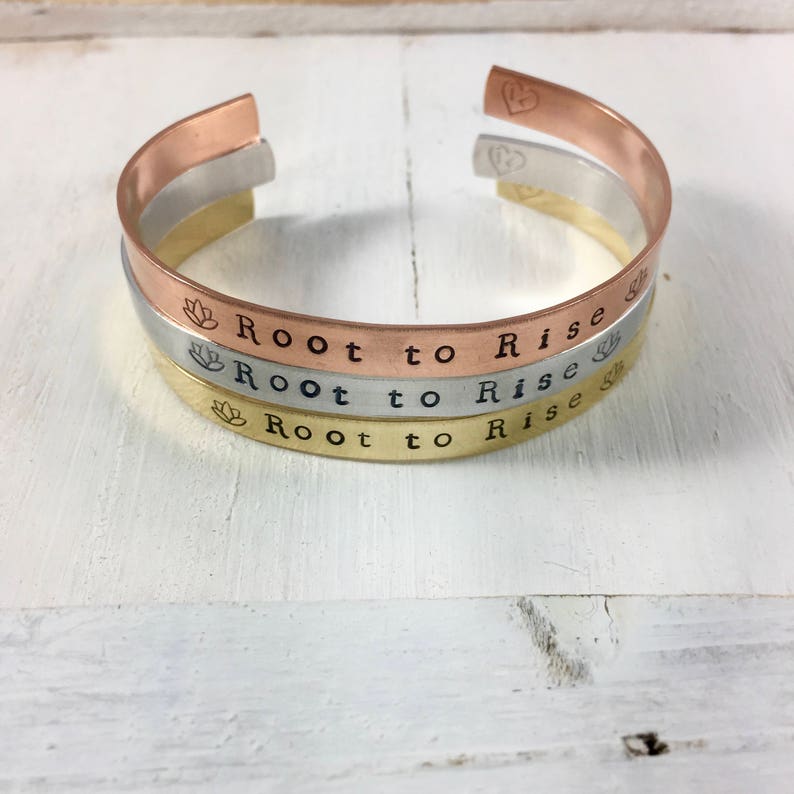 Yoga gift for her Lotus Yoga Mantra Mantra Yoga Bracelet Hand Stamped Cuff Bracelet Root to Rise Bracelet- Yoga Jewelry