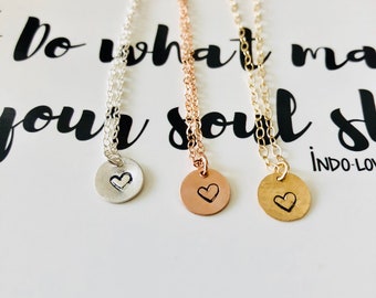 Heart Stamped Necklace - Dainty Jewelry - Disc Necklace - Stacking Necklace - Rose Gold Filled Necklace - Sterling Silver Necklace