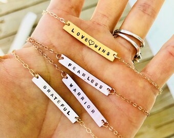 Warrior Necklace - Bar Necklace - Gold Bar Necklace Sterling Silver Hand Stamped Jewelry - Yoga Jewelry - Fearless Necklace - Love Wins