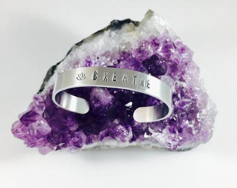 Breathe Hand Stamped Cuff Bracelet - Lotus Bracelet - Just Breathe - Gift For Her - Gift for Yogi - yoga Gift  - Custom  - Yoga Bracelet