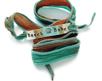 Beach Babe Bracelet - Hand Stamped Silk Wrap Bracelet - Seashell Bracelet Ocean Inspired Jewelry - Mermaid Bracelet -  beach gifts for her