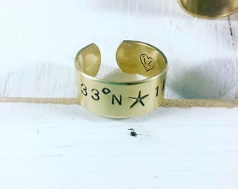 Coordinates Ring - Personalized Ring - Hand Stamped Jewelry - Wave Ring - Anchor  - Starfish Ring - Coordinates Jewelry - Bridesmaids Gift