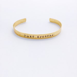 Hand Stamped &quot;Just Breathe&quot; Cuff Bracelet - Brass Mantra Jewelry