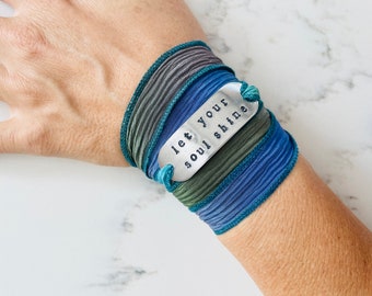 Let Your Soul Shine Bracelet - Yoga Jewelry - Hand Stamped Bracelet Silk Wrap -  Positive Vibes - The Universe Has Your Back - yoga gifts