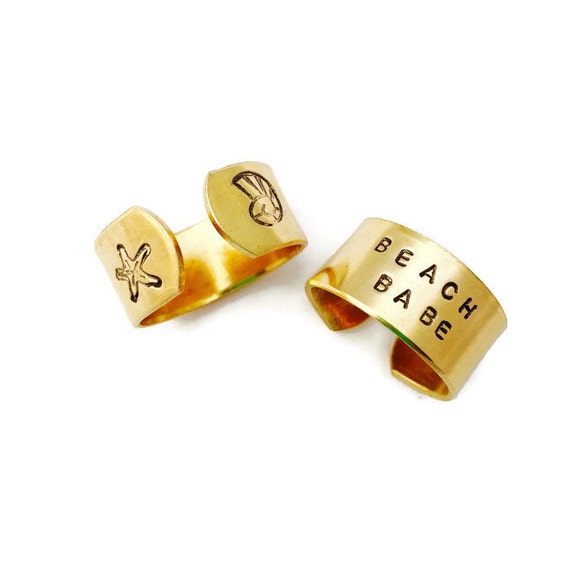 Hand Stamped Beach Babe Ring: Brass Starfish Seashell Jewelry