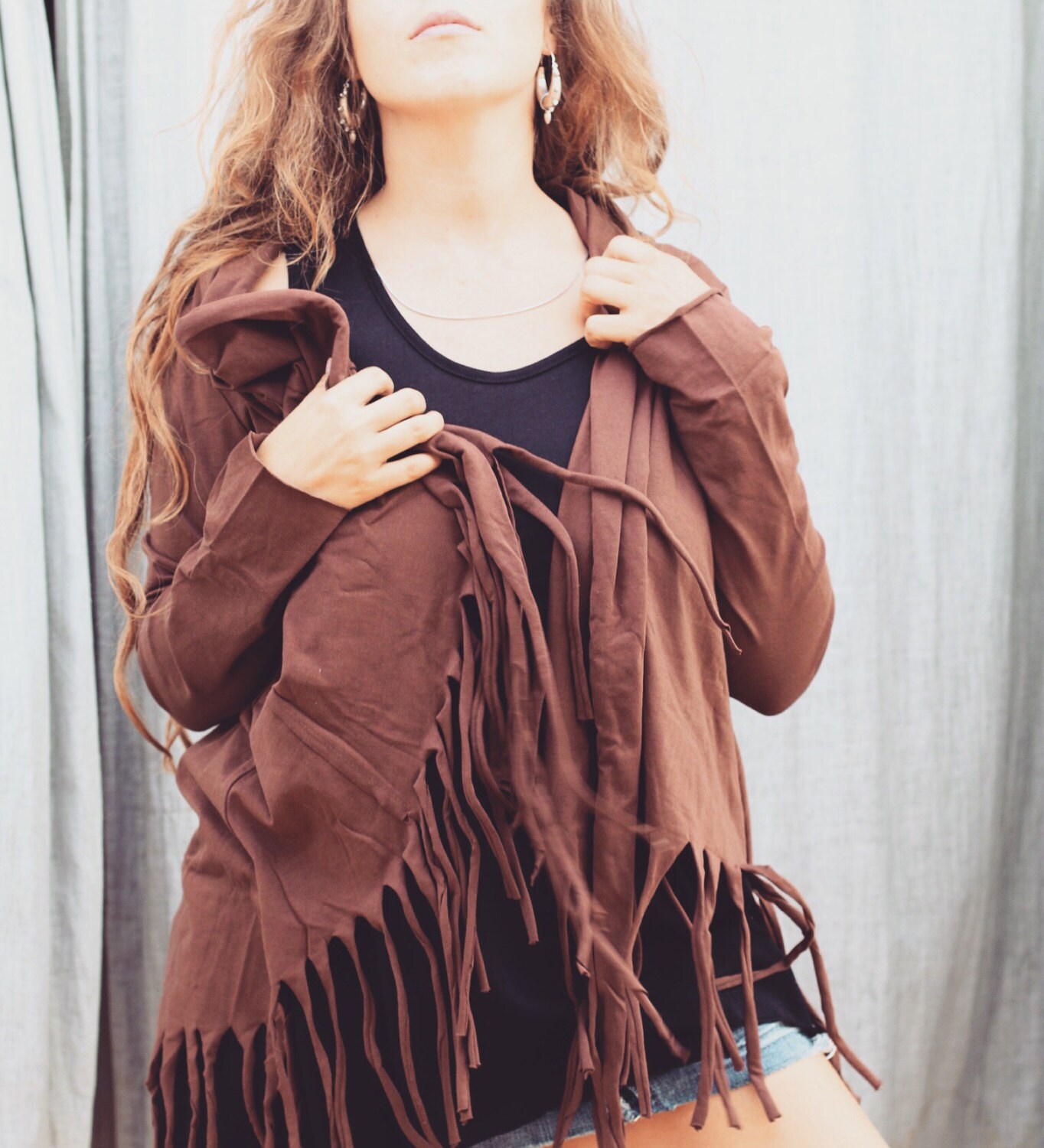 Image of Asha Cardigan, Long Sleeve, Cowl Neck Cardigan, Tassel Top, Lycra Yoga Jumper, Wear, Comfy Cardigan