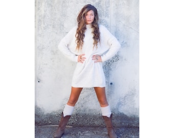 sally tunic knit dress jumper, long sleeve longline turtleneck jumper, chunky cozy jumper, cream winter pullover sweater.