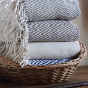 May include: A wicker basket filled with four folded blankets. The blankets are in a chevron pattern and are in shades of gray, white, and blue.