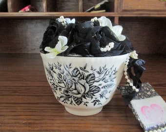 Black and White Pin Cushion,  Cup Pin Cushion, Black and White Floral Decor