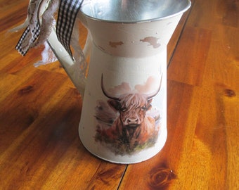 Upcycled Tin Pitcher, Highland Cow Decor, Farmhouse Decor, Home Decor