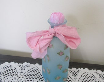Hand Painted Aqua Bottle: Shabby Chic Pink Roses Decor