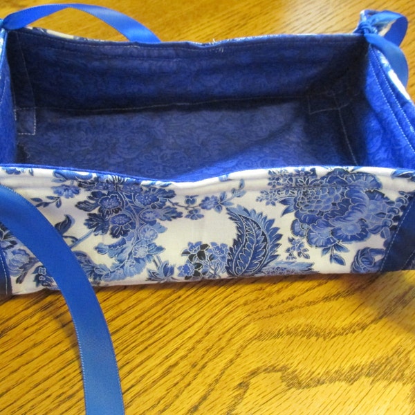 Bread Basket, Decorative Basket, Quilted Blue Basket, Fabric Basket, Reversible Basket, Trinket Tray