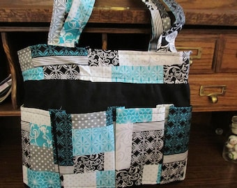 Turquoise & Black 8-Pocket Tote Bag: Bingo, Craft, Teacher