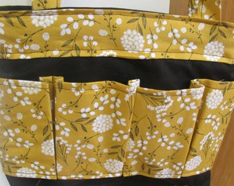 Floral Pocket Tote Bag: Gold, White & Black, 8-Pocket Design