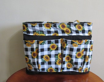 Sunflower Plaid Pocket Tote Bag: Bingo, Craft, Diaper Bag