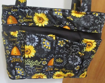 Sunflower and Bee Print Tote Bag: 8-Pocket Craft Bag