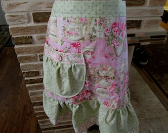 Pink and Green Retro Apron, Ruffle Apron