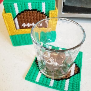 Handmade Football Coasters: Plastic Canvas Set with Holder