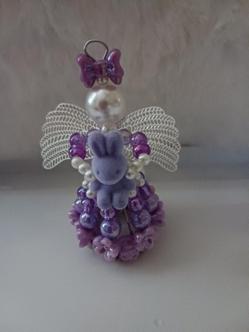 Mini Beaded Silver Safety Pin Angel in Purple Blossom With Bow and