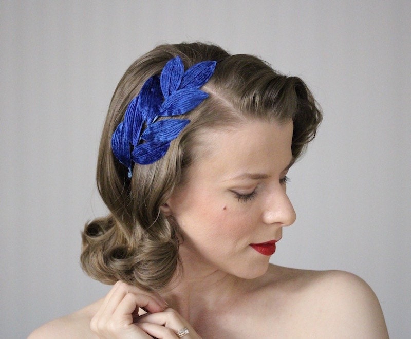 Royal Blue Hair Accessory Leaf Headband Blue Velvet Etsy