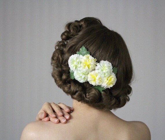 Hair Flower Set Green Hydrangea Clip Yellow Fascinator Etsy