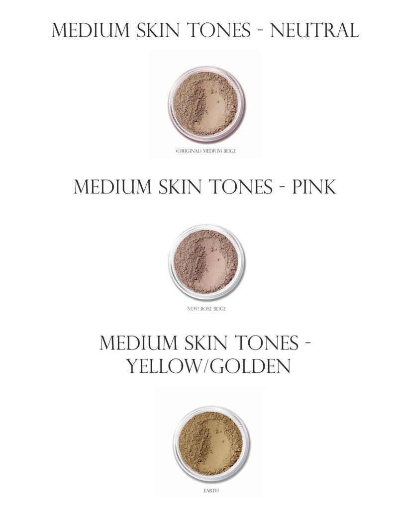 May include: Three small jars of face powder, each with a different shade. The shades are labeled "Original Medium Beige", "New Rose Beige", and "Earth".