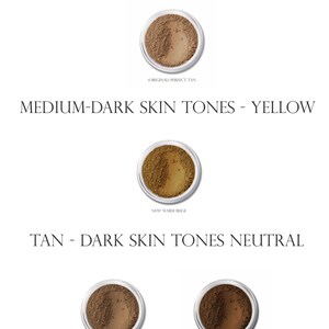 May include: Four small jars of foundation makeup in different shades. The shades are labeled "Original Perfect Tan", "New! Warm Beige", "New! Warm Tan", and "Original Bronze".