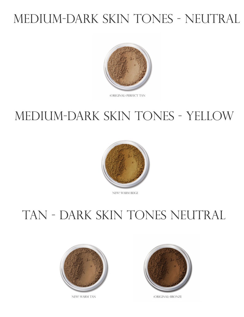 May include: Four small jars of foundation makeup in different shades. The shades are labeled "Original Perfect Tan", "New! Warm Beige", "New! Warm Tan", and "Original Bronze".