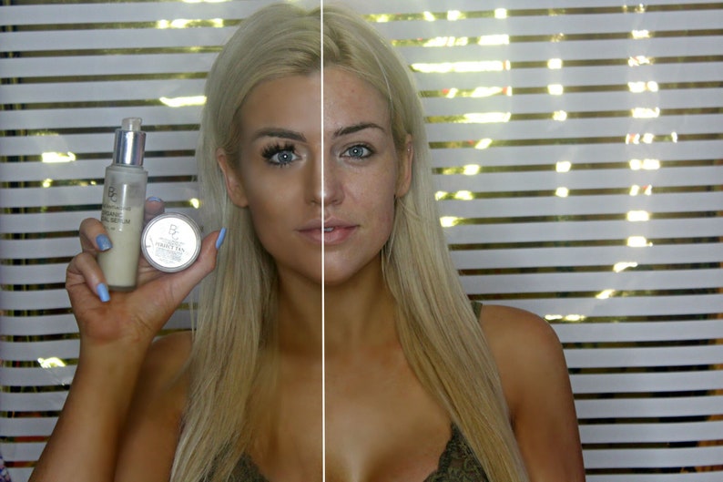 May include: A side-by-side comparison of a woman's face with and without makeup. The woman is holding a bottle of organic face serum and a small jar of tinted moisturizer.