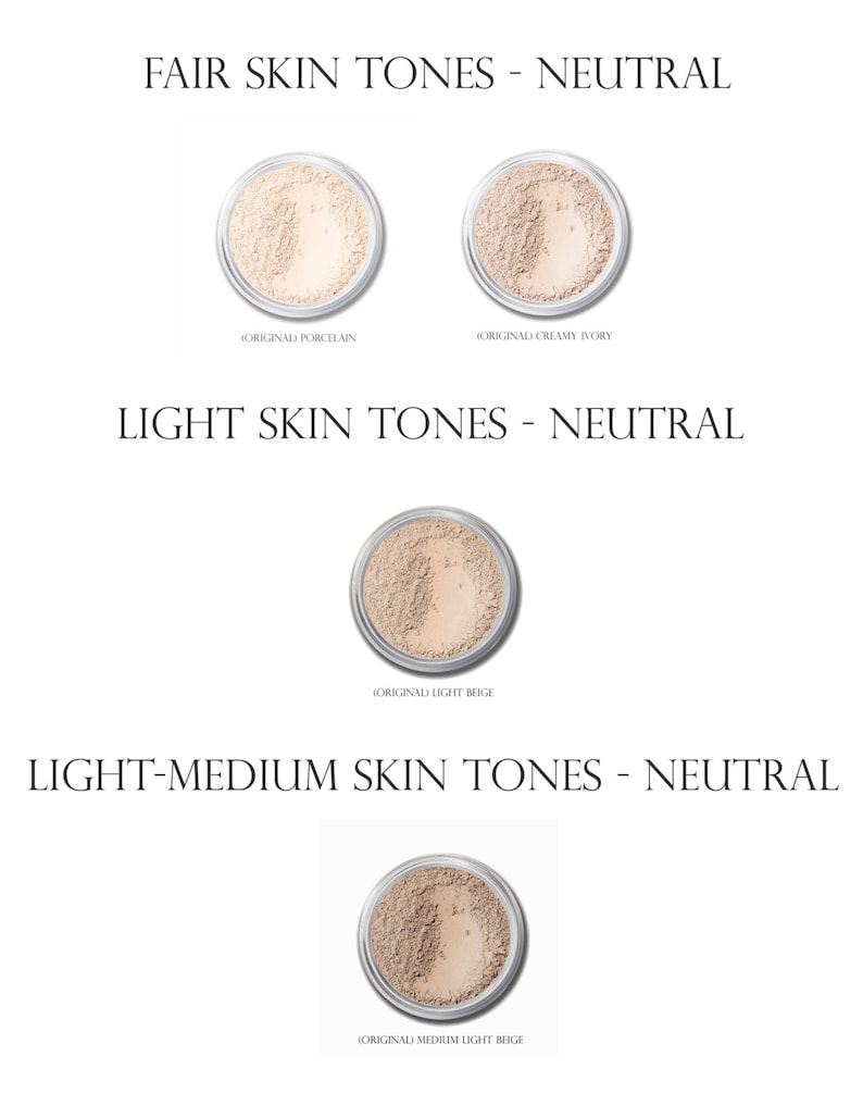 May include: Four shades of foundation powder in small round containers. The shades are labeled "Original Porcelain", "Original Creamy Ivory", "Original Light Beige", and "Original Medium Light Beige".