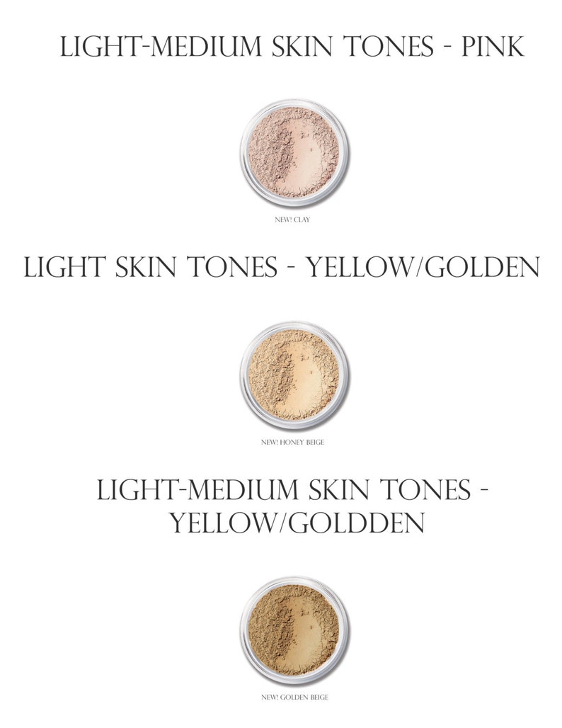 May include: Three small jars of foundation makeup in different shades. The shades are labeled "New! Clay", "New! Honey Beige", and "New! Golden Beige".
