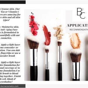May include: Four makeup brushes with white handles and black bristles are arranged vertically on a white background.  The brushes are surrounded by small piles of makeup powder in various shades of pink, red, and beige.  The text "B7C APPLICATION RECOMMENDATIONS" is visible at the top of the image.