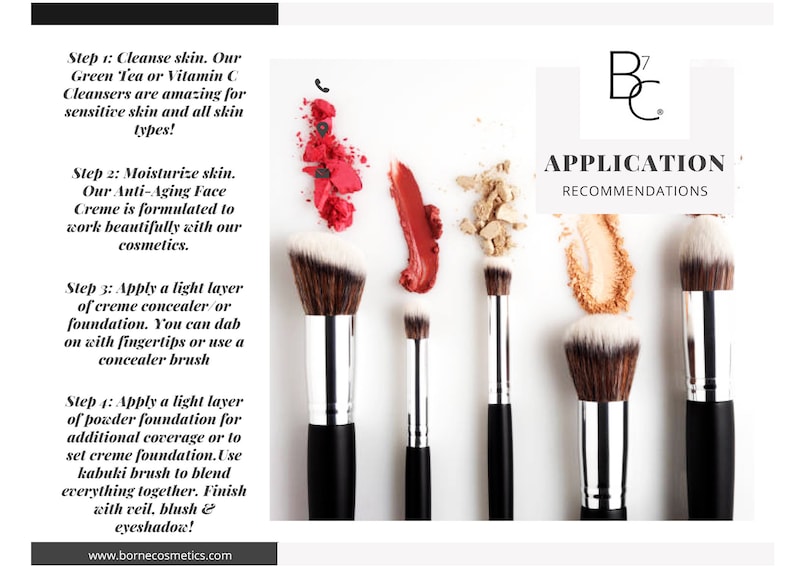 May include: Four makeup brushes with white handles and black bristles are arranged vertically on a white background.  The brushes are surrounded by small piles of makeup powder in various shades of pink, red, and beige.  The text "B7C APPLICATION RECOMMENDATIONS" is visible at the top of the image.