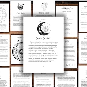 May include: A collection of white pages with black text and illustrations. The pages cover topics like astrology, crystals, and moon magick. The central page features a crescent moon design with leaves and stars, and the text "Moon Magick".