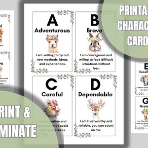 Tarjetas del alfabeto imprimibles, tarjetas con personajes de animales con flores caprichosas, preescolar, educación en casa de Charlotte Mason, canasta matutina (PDF)