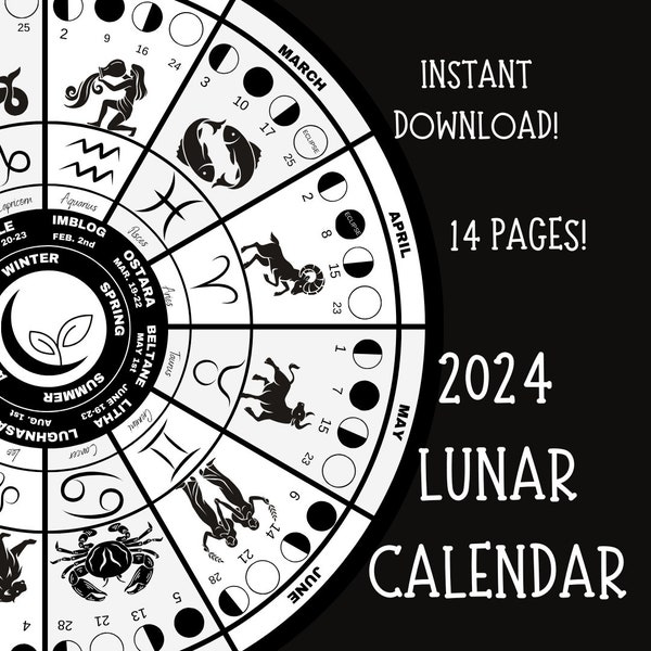 Wheel Of the Year | 2024 Lunar Moon Phase Printable Calendar | 2024 Printable zodiac calendar | 2024 New Year Printable Calendar | wiccan