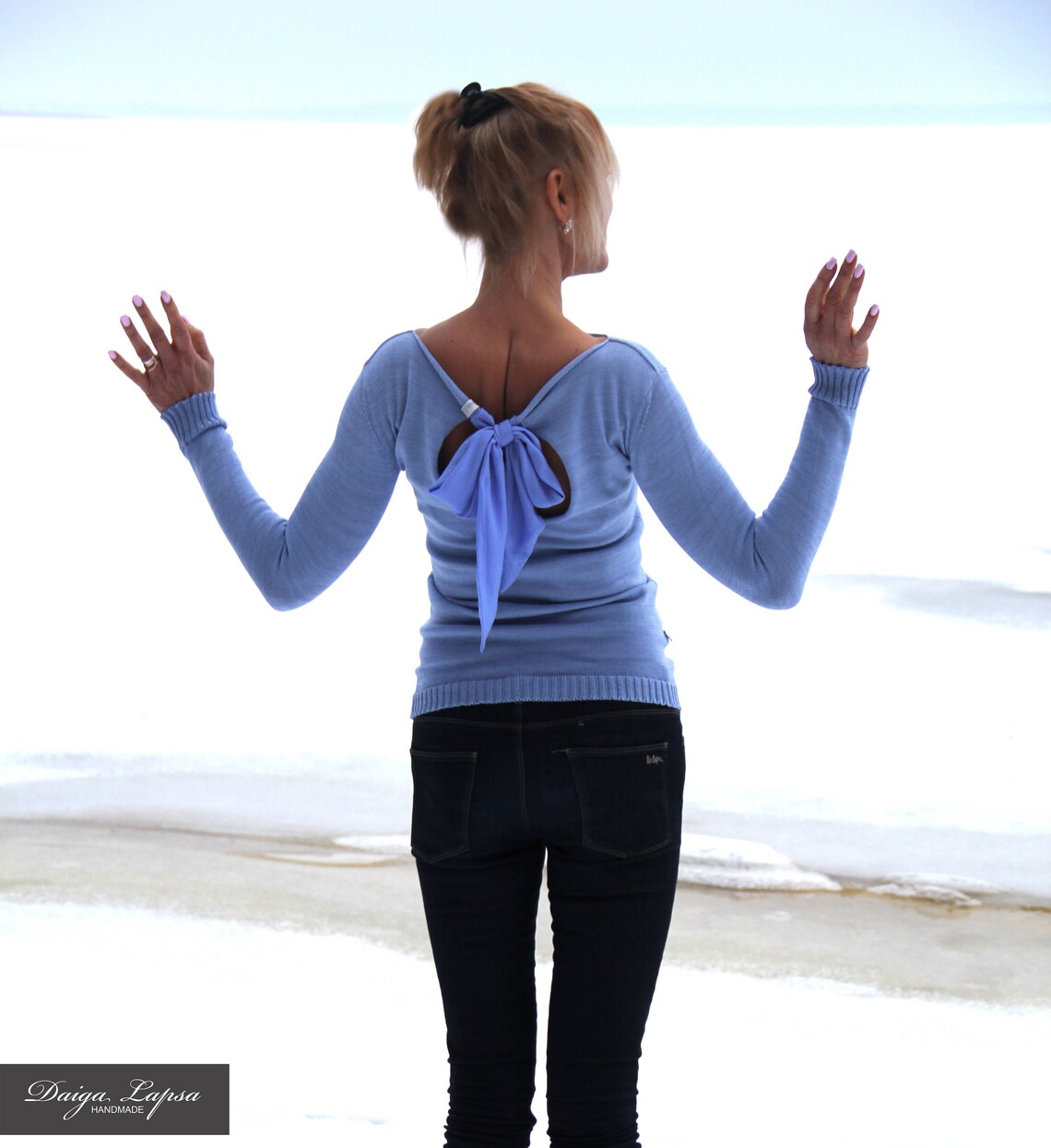 Jodie Knit Back Satin Bow Wide Neck Relaxed Sweater