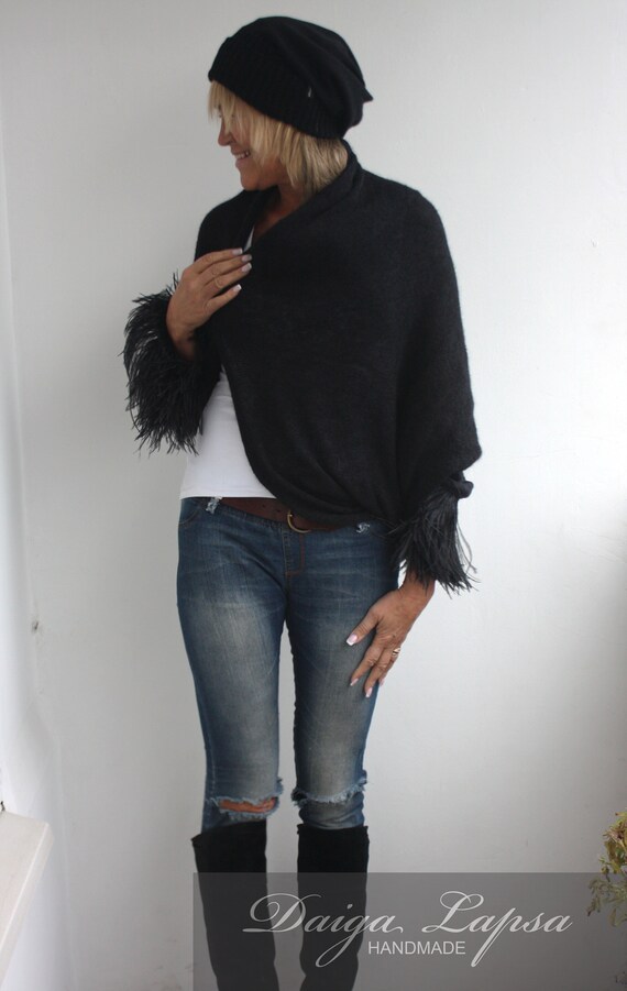 Hand Knit Sweater With Ostrich Feather 
