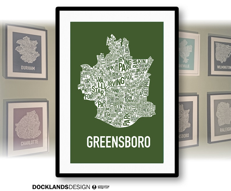 Greensboro North Carolina Screen Print Neighborhood Map Etsy
