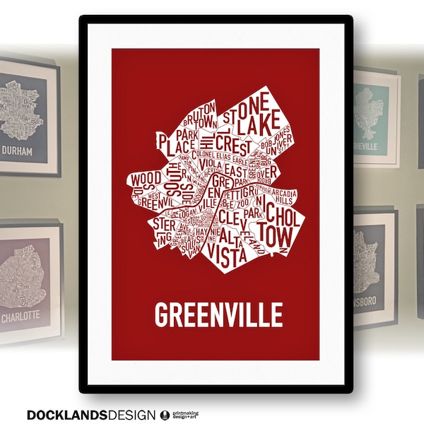 Greenville, South Carolina Neighborhoods Screen Print Map
