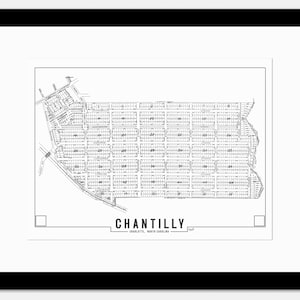 May include: A framed black and white map of Chantilly, Charlotte, North Carolina, from 1946. The map details the layout of streets and numbered lots within the neighborhood, with the name "Chantilly" prominently displayed.