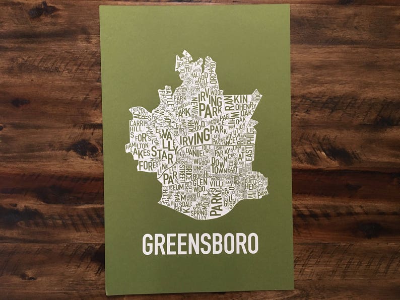 Greensboro North Carolina Screen Print Neighborhood Map Etsy