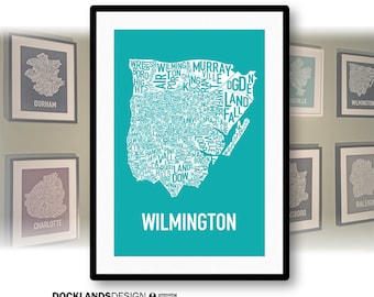 Wilmington, North Carolina Neighborhoods Screen Print Map Art (19"x12.5")