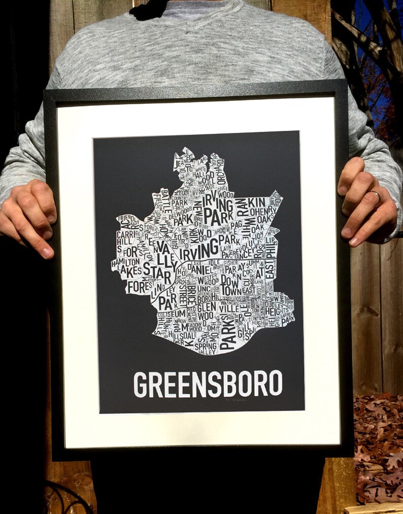Greensboro North Carolina Screen Print Neighborhood Map Etsy