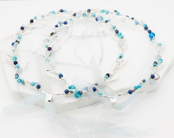 Greek Orthodox Wedding Crowns, Stefana, Stephana, Silver-Toned with Genuine Blue Gemstones and Organza Ribbon