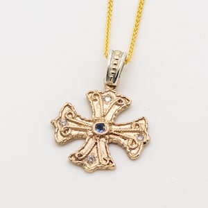 Hand Crafted 14kt Byzantine Style Cross w/Blue Sapphire, Diamonds/Greek Cross, 14kt w/Blue Sapphire,Diamonds/Baptism Cross/Equilateral Cross image 1