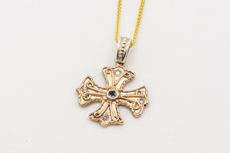 Hand Crafted 14kt Byzantine Style Cross w/Blue Sapphire, Diamonds/Greek Cross, 14kt w/Blue Sapphire,Diamonds/Baptism Cross/Equilateral Cross image 1