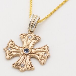 Hand Crafted 14kt Byzantine Style Cross w/Blue Sapphire, Diamonds/Greek Cross, 14kt w/Blue Sapphire,Diamonds/Baptism Cross/Equilateral Cross image 2